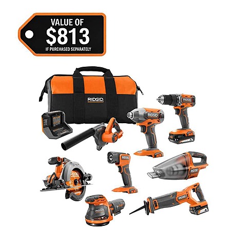 RIGID 18V Cordless 8-Tool Combo Kit with 2.0 Ah Battery, 4.0 Ah Battery, Charger, and Tool Bag $269