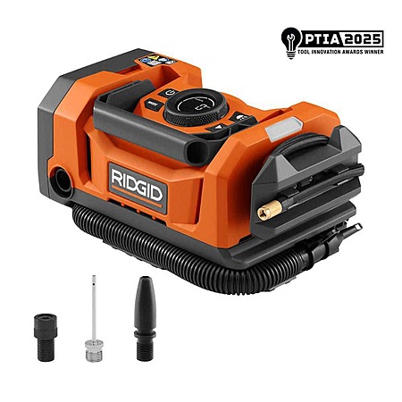 DOTD Rigid 18V Dual Function Cordless Inflator (Tool Only) with Valve Adaptor, Needle, (2) Nozzles, and 12V Power Cord $69