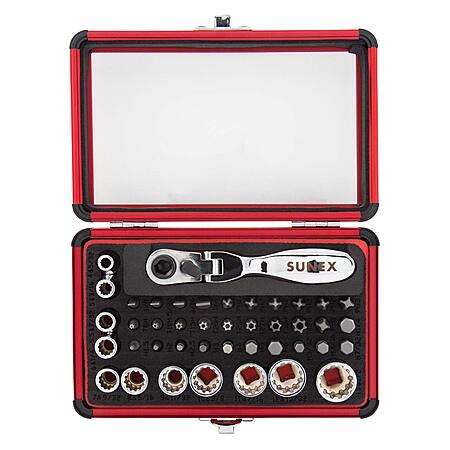SUNEX TOOLS 9732 44Pc 1/4" Dr Mini Dual Flex Head RATCHET W Socket & Bit Set $33.97