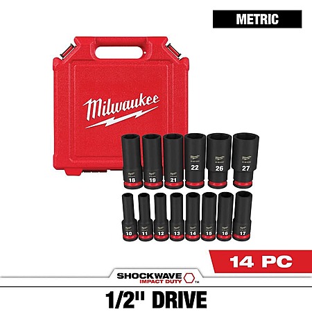 Milwaukee SHOCKWAVE 1/2 in. Drive Metric Deep Well 6 Point Impact Socket Set (14-Piece)