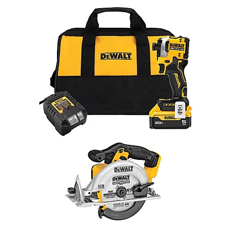 DeWalt ATOMIC 20V MAX Lithium-Ion Cordless 1/4 in. Brushless Impact Driver Kit and 6.5 in. Circ Saw with 5Ah Battery & Charger
