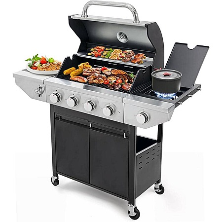 FIROMO 4-Burner Propane Gas Grill in Stainless Steel with Side Burner, Condiment Rack, and Built-in Thermometer for Outdoor BBQ