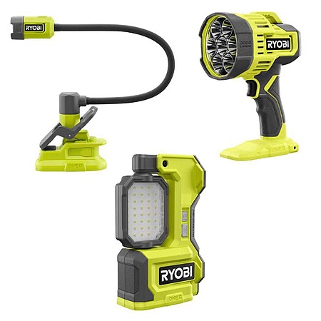 RYOBI ONE+ 18V Lighting Kit w/ LED Task Light, Spotlight, & Clamp Light (Tools Only) $58 + Free S&H