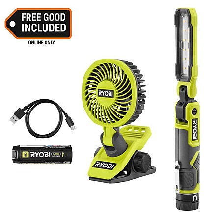 Ryobi USB Lithium Cordless 550 Lumens Rechargeable Inspection Flashlight Kit with USB Lithium Cordless Clamp Fan