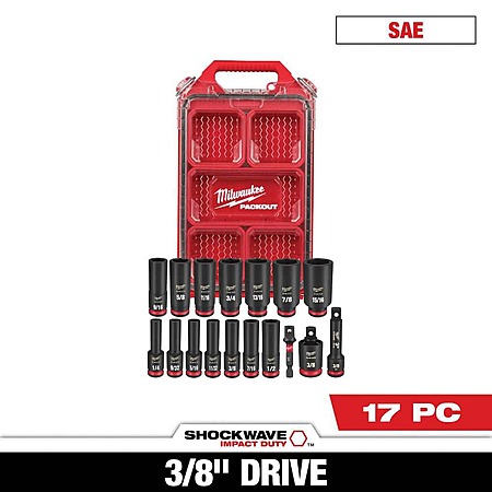 Milwaukee SHOCKWAVE Impact-Duty 3/8 in. Drive SAE Deep Well Impact PACKOUT Socket Set (17-Piece)