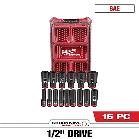 Milwaukee SHOCKWAVE Impact-Duty 1/2 in. Drive SAE Deep Well Impact PACKOUT Socket Set (15-Piece)