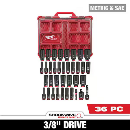 MIlwaukee SHOCKWAVE Impact-Duty 3/8 in. Drive Metric and SAE Deep Well Impact PACKOUT Socket Set (36-Piece)