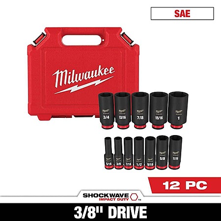 Milwaukee SHOCKWAVE 3/8 in. Drive SAE Deep Well 6 Point Impact Socket Set (12-Piece)