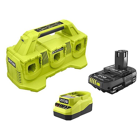 Ryobi ONE+ 18V 6-Port Fast Charger with 2.0 Ah Battery and Charger Kit