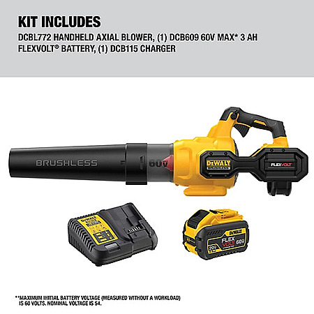 DeWalt 60V MAX* FLEXVOLT Brushless Blower Kit with 9ah Flexvolt Battery and Charger DCBL772X1 Handheld Axial $249