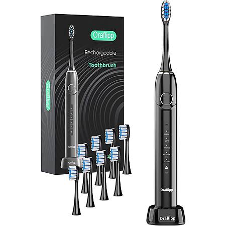 ORAFLIPP Sonic Electric Toothbrush - 40,000 VPM Power Toothbrush with 5 Modes 89 Brush Heads, IPX7 Waterproof, 30 Day Battery Life, Inductive Charger (Black) $24 + Free S/H