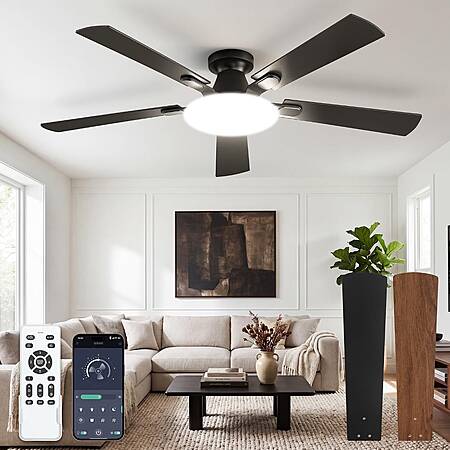 LEDIARY 52in Flush Mount Ceiling Fan w/ Light, APP and Remote Control $49 + Free Shipping