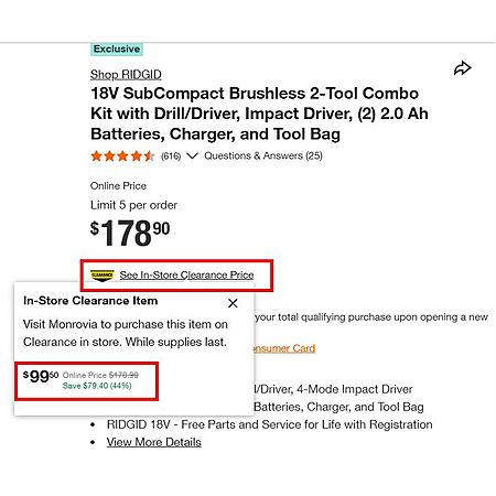 YMMV Home Depot In-Store Clearance: RIDGID 18V SubCompact Brushless 2-Tool Combo Kit with Drill/Driver, Impact Driver, (2) 2.0 Ah Batteries, Charger, and Tool Bag $99.5