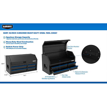 HART 42-Inch 4-Drawer Heavy-Duty Steel Tool Chest, Locking Top Storage for Garage Tools