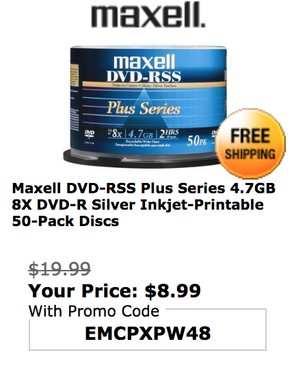 Maxell 50 Pack DVD-RSS Plus Series 4.7 GB 8X DVD-R Silver Printable Discs: $8.99 at Newegg