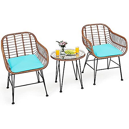 3-Piece Tangkula Outdoor Conversation Set w/ Round Tempered Glass Table & 2 Rattan Armchairs (Yellow/Turquoise) $80.74 + Free Shipping