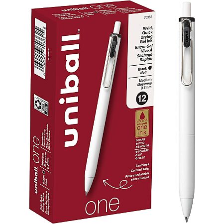 12-Pack Uni-Ball One 0.7mm Medium Point Retractable Gel Pens, Black $9.98 ($0.83 Each) + Free Shipping w/ Prime or on $35+