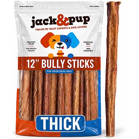 3-Count 12" Jack&Pup Thick Bully Sticks for Dogs $12.57 w/ S&S + Free Shipping w/ Prime or on $35+