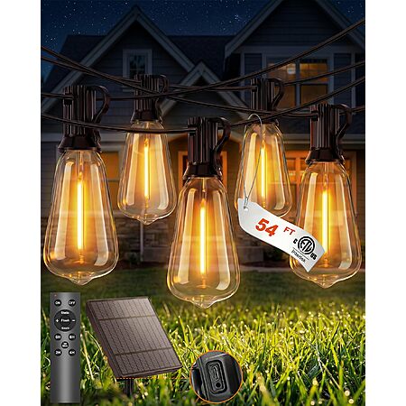 54FT Pesken ST38 Solar Outdoor String Lights w/ Remote, 15 Bulbs – $17.99 w/ Code (Reg.