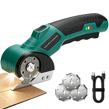 Longzhuo 4V 2000mAh Cordless Electric Scissors Carboard & Fabric Cutter w/ 3 Blades (Green)