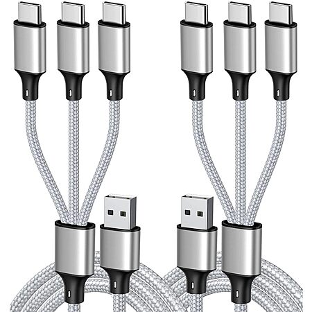 Multi Charging Cable, USB C Splitter Cable, 3 in 1 Fast Charging Cord with 3 Type-C Male Port Compatible with Cell Phones Tablets and More - 2Pack 4FT Silver
