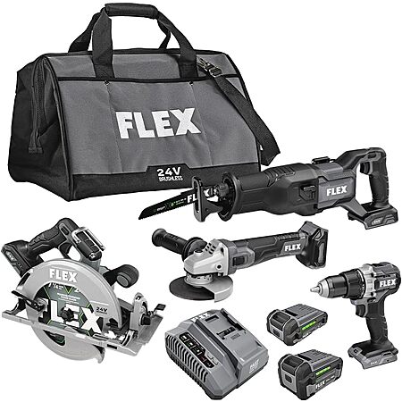 FLEX 24V Brushless 4-Tool Combo Kit w/ 5.0Ah & 2.5Ah Batteries + Charger $297 + Free S&H