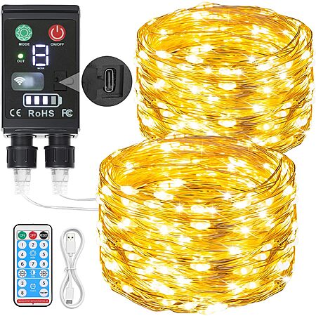 66' Lakumu 2-in-1 Rechargeable 200 LED Fairy String Lights (Warm White) $8 & More