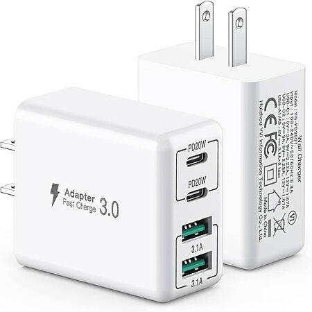 sccvee 40W 4-Port USB-C / USB-A Wall Charger Block: Single $5, 2-Pk