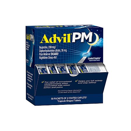 50-Packet 2-Count Advil PM Pain Reliever & Nighttime Sleep Aid Coated ...