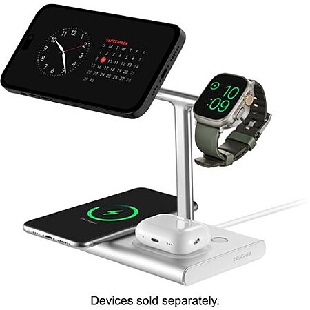 Insignia - 4-in-1 15W Wireless Charger with MagSafe for iPhone 15/14/13/12 series + Apple Watch + AirPods + other Devices - Silver $30.99