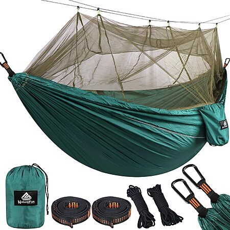 Camping Hammock with Net, 300kg (660#s) Load Capacity, 2 x Premium Carabiners, 4 x Slings (Dk. Green) $12.59 + Free Shipping w/ Prime or on $35+