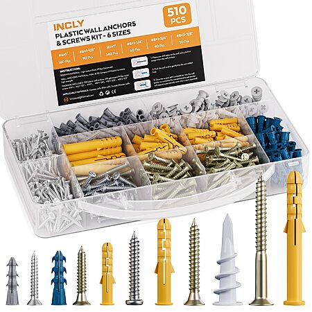 510-Pc Inclly Drywall Anchors & Screws Assortment Kit $9.10