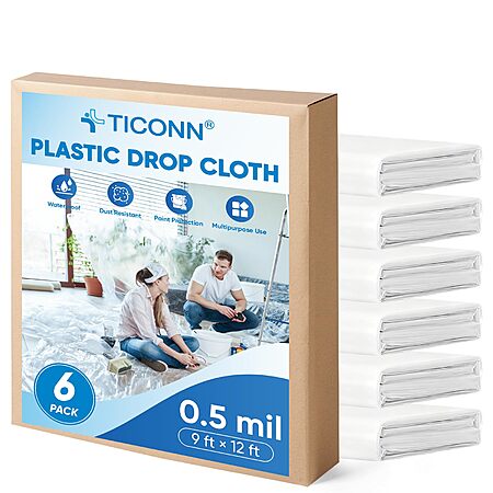 6PK TICONN 12 x 9 Ft Plastic Drop Cloth $4.49 + Free Shipping w/ Prime or on $35+