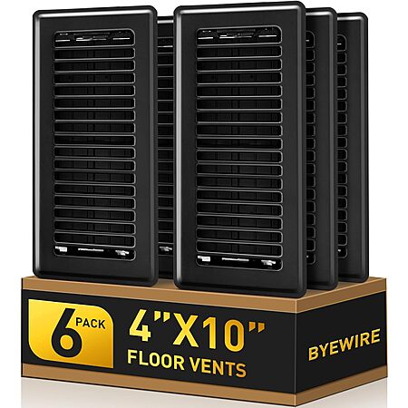 6-Pack 4" x 10" BYEWIRE Steel Floor Register Vent Covers (Black) $14.99 + Free Shipping w/ Prime or on $35+