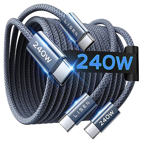 2-Pk 6.6' LISEN 240W USB-C to USB-C Charge Cable $5.60