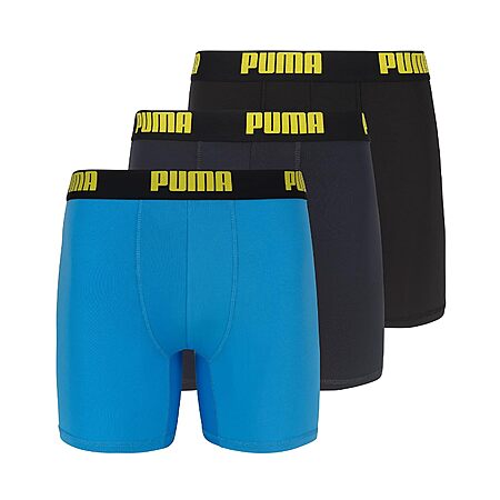 3-Pk PUMA Men's Performance Boxer Briefs (Bright Blue & Black Grey) Large $10.85 & More