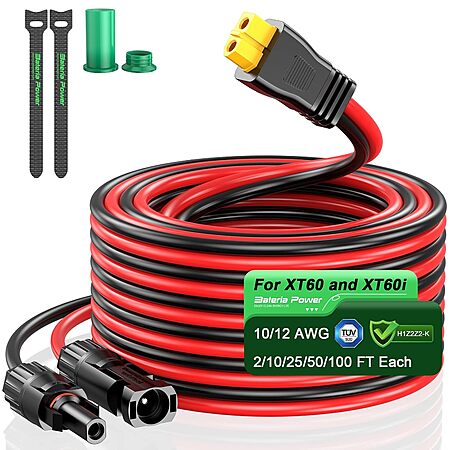 Bateria Power 10' 12AWG Solar Connector to XT60 Extension Cable $11.49 + Free Shipping w/ Prime or on $35+