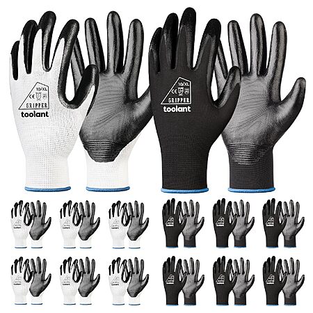 12-Pair toolant Nitrile Coated Work Gloves (Various Sizes, White & Black)