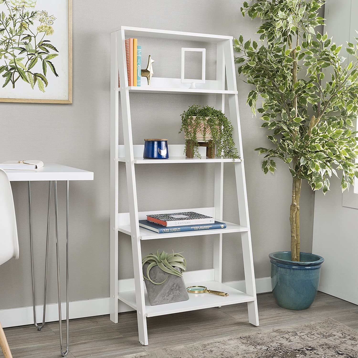 Walker Edison 4 Shelf Simple Modern Wood Ladder Bookcase (White) 55" $83.06 - Amazon