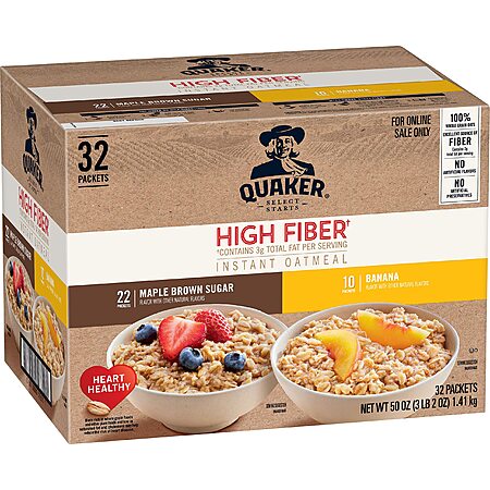 32-pack Quaker High Fiber Instant Oatmeal (2 Flavor Variety: Banana and Maple Brown Sugar) $14.82 w/S&S + Free Shipping w/ Prime or on $35+