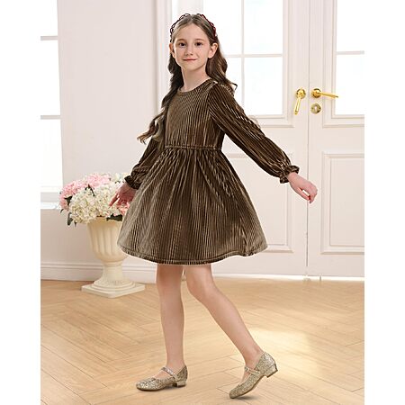 Stelle Girls Velvet Dress with Pockets, Golden Brown, 5-15 years.