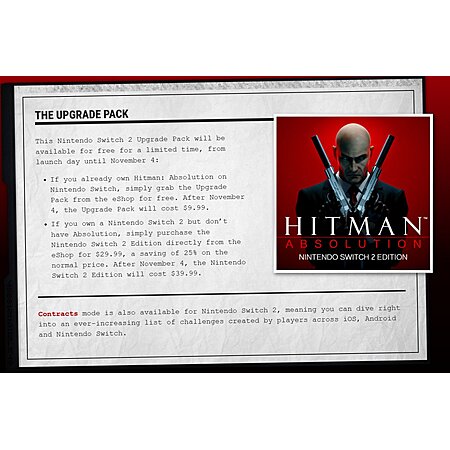 Hitman: Absolution Nintendo Switch 2 Edition Upgrade Pack Free via eShop ($9.99 on November 4th)