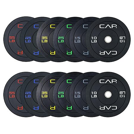 CAP Barbell 370 lb Economy Olympic Bumper Plate Set with Color Logo, Black $263 shipped, 260lbs $196 shipped @ Amazon