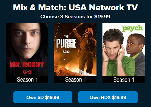 VUDU Mix and Match 3 for $20 USA TV Seasons, Mr. Robot, The Purge