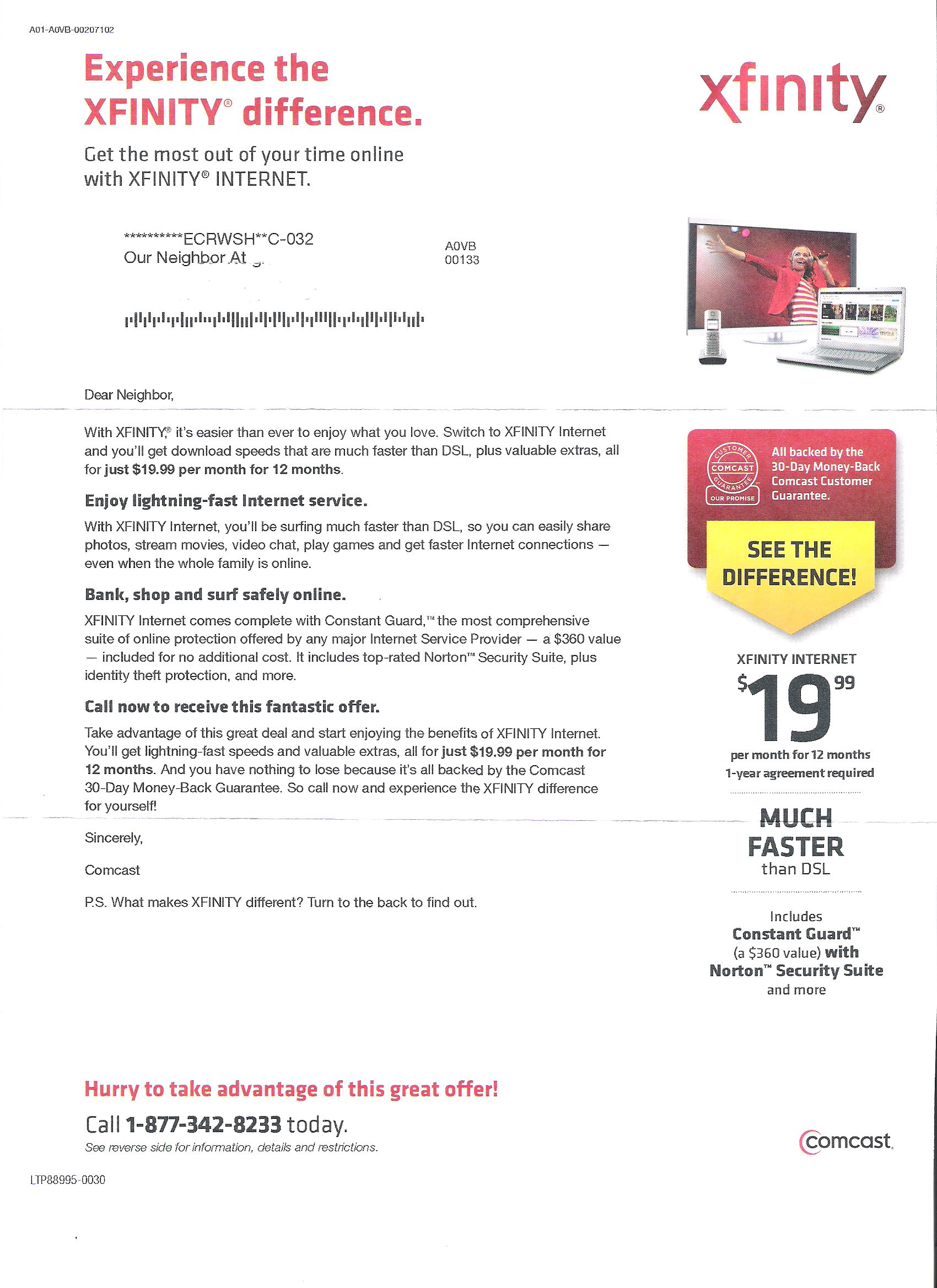 Ultimate Comcast / Infinity Internet deal- $19.99/Month for 1 year with no additional service required