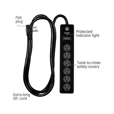 GE 6-Outlet 800J Surge Protector w/ 6' Cord & Twist-to-Close Safety Covers $7.99 + Free Shipping w/ Prime