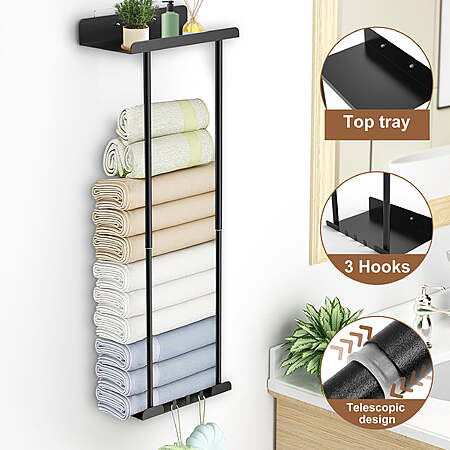 Aovky Retractable Wall-Mounted Bathroom Towel Rack w/ Shelf & Hooks (Black) $17.89 + Free Shipping w/ Walmart+ or on $35+