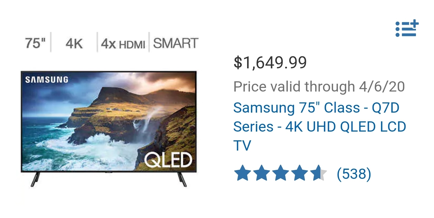 Samsung 75" Class - Q7D Series - 4K UHD QLED LCD TV $1649.99 at Costco