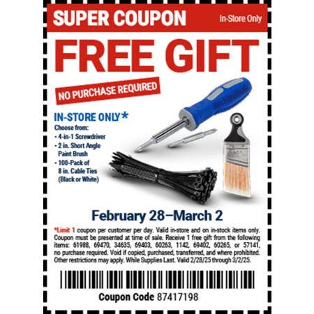 HARBOR FREIGHT Free item- No purchase necessary