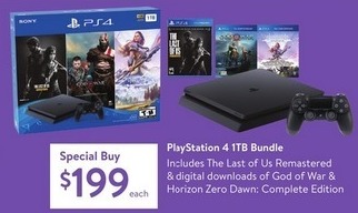Walmart Black Friday: Sony Playstation 4 1TB Bundle - Includes The Last Of Us Remastered and Digital Downloads of God Of War and Horizon Zero Dawn: Complete Edition for $199.00